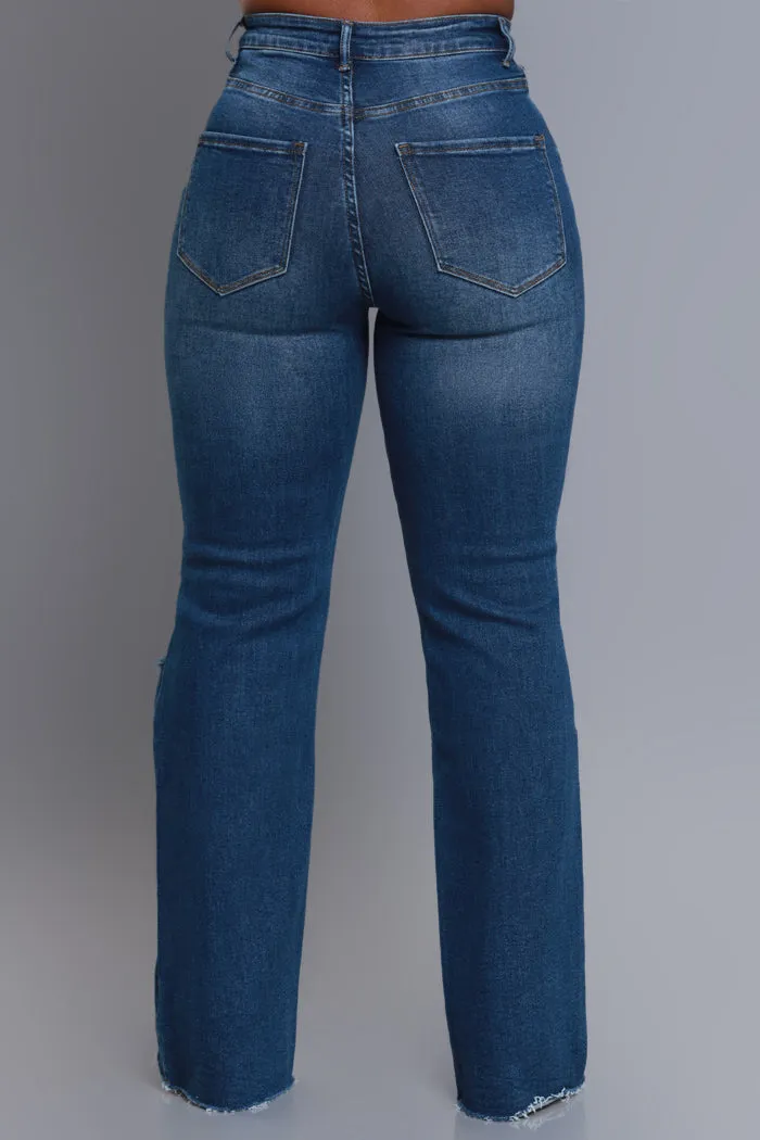 Rewind High Rise Distressed Straight Leg Jeans - Dark Wash