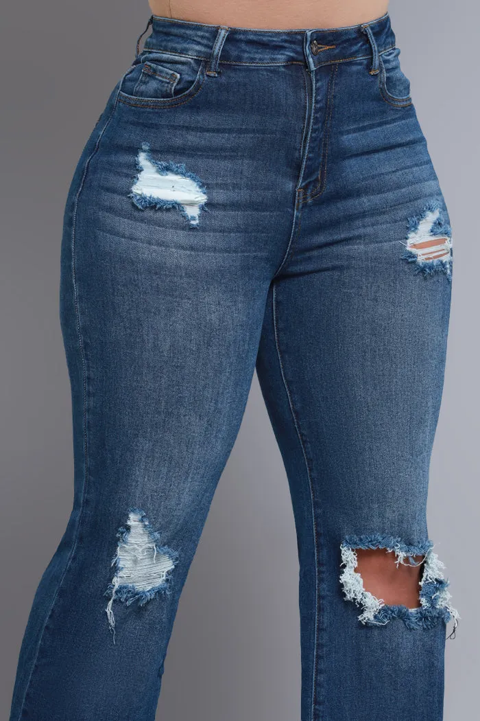 Rewind High Rise Distressed Straight Leg Jeans - Dark Wash