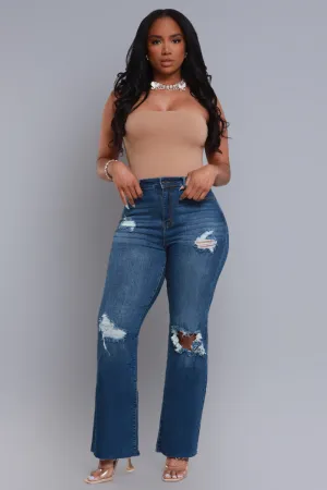 Rewind High Rise Distressed Straight Leg Jeans - Dark Wash