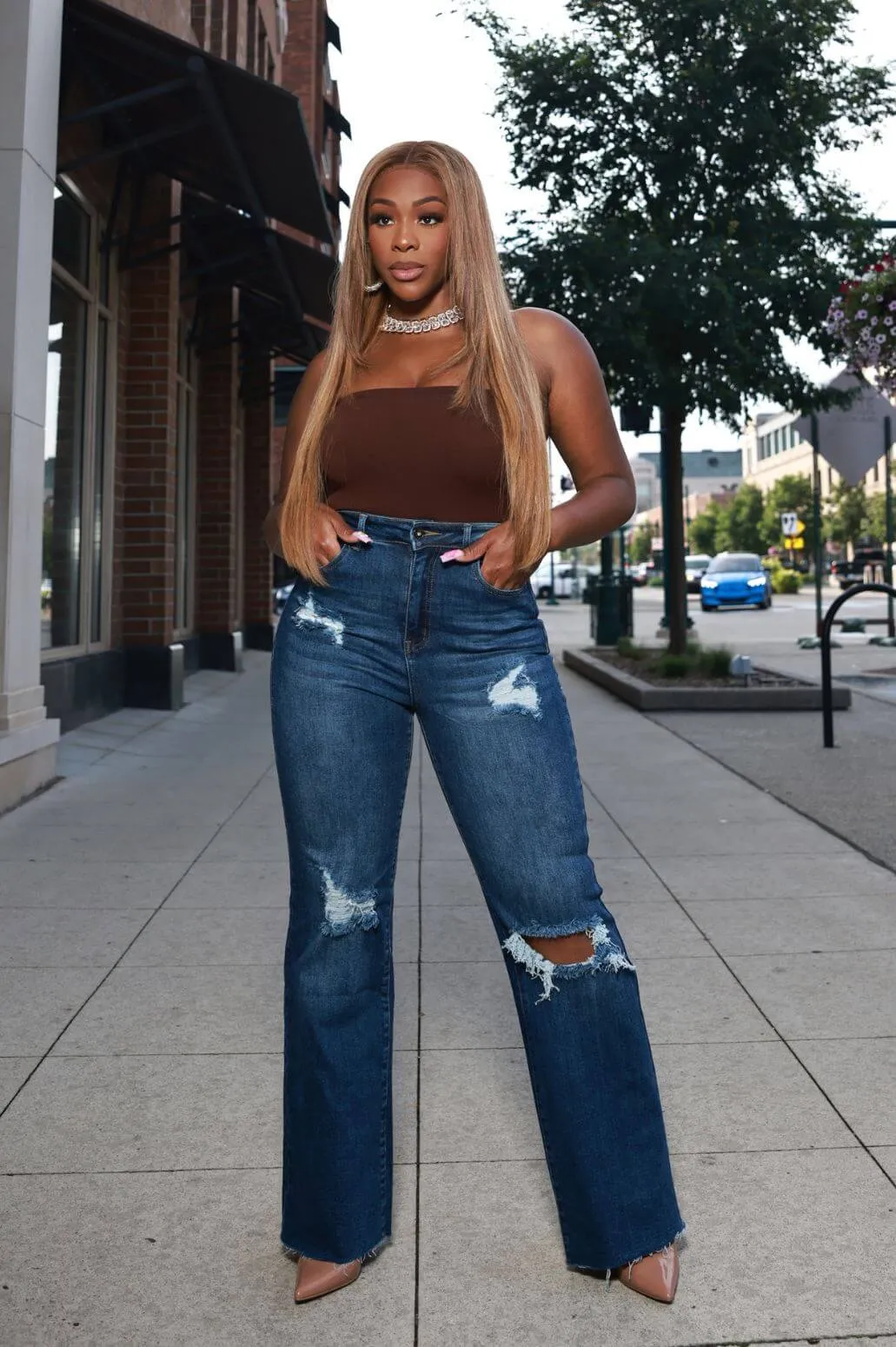 Rewind High Rise Distressed Straight Leg Jeans - Dark Wash