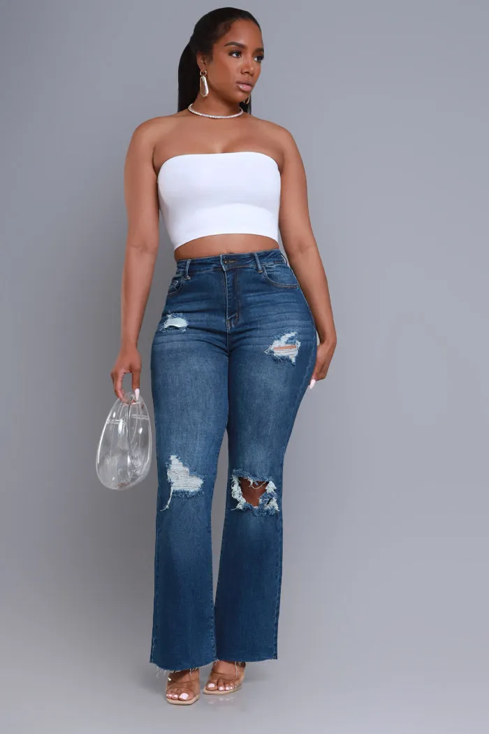 Rewind High Rise Distressed Straight Leg Jeans - Dark Wash