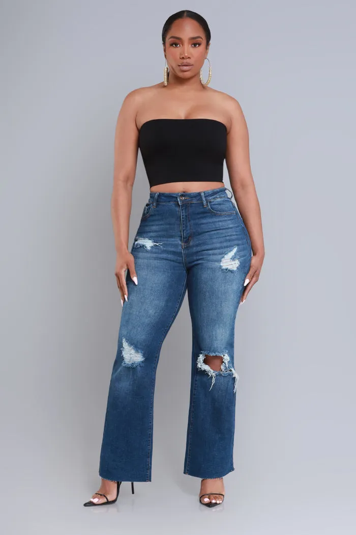 Rewind High Rise Distressed Straight Leg Jeans - Dark Wash