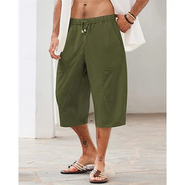 Riolio Men's Linen Shorts Summer Shorts Beach Shorts Pocket Drawstring Elastic Waist Plain Comfort Breathable Calf-Length Holiday Vacation Beach Hawaiian Boho Dark Khaki Black