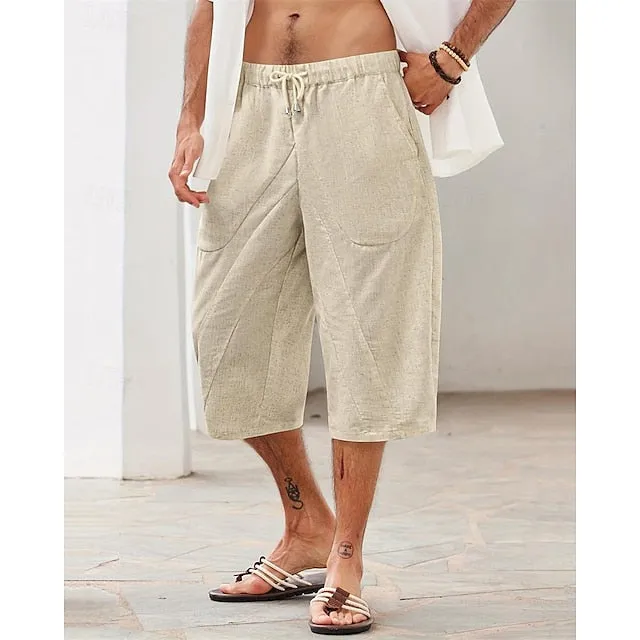 Riolio Men's Linen Shorts Summer Shorts Beach Shorts Pocket Drawstring Elastic Waist Plain Comfort Breathable Calf-Length Holiday Vacation Beach Hawaiian Boho Dark Khaki Black