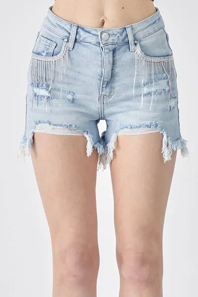 RISEN - Frayed Hem Denim Shorts with Fringe Detail Pockets