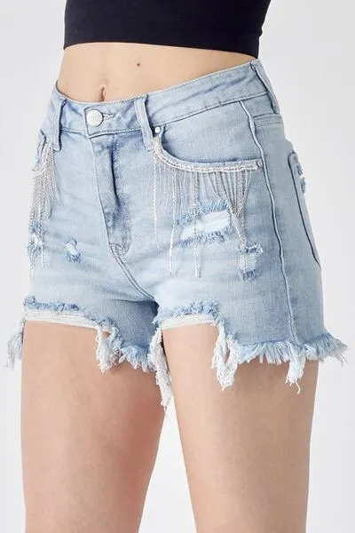 RISEN - Frayed Hem Denim Shorts with Fringe Detail Pockets