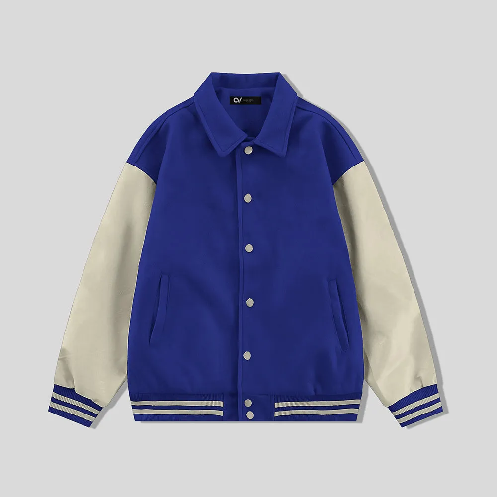 Royal Blue Byron Collar All Wool Varsity Jacket Cream Sleeves - Jack N Hoods