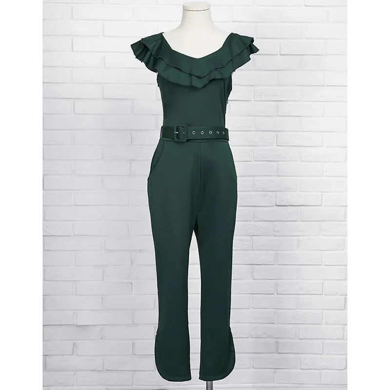 Ruffle Off Shoulder Belt Romper Pants Jumpsuit