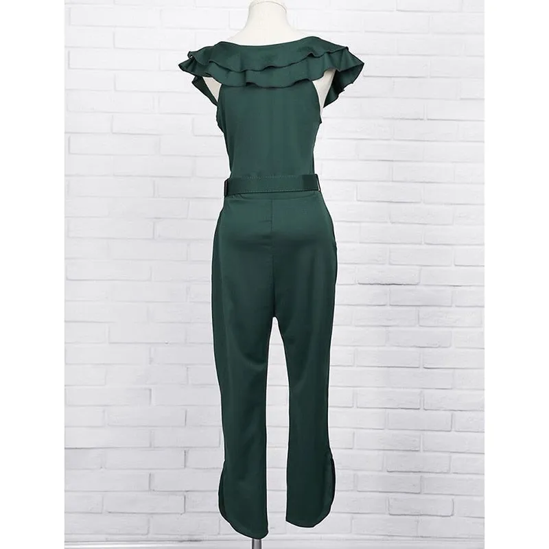 Ruffle Off Shoulder Belt Romper Pants Jumpsuit