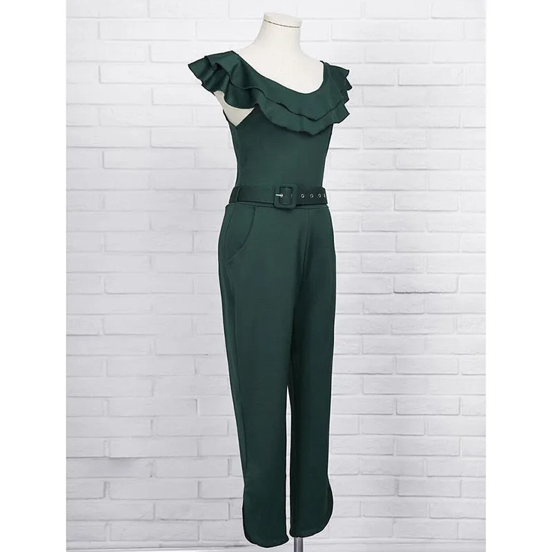 Ruffle Off Shoulder Belt Romper Pants Jumpsuit