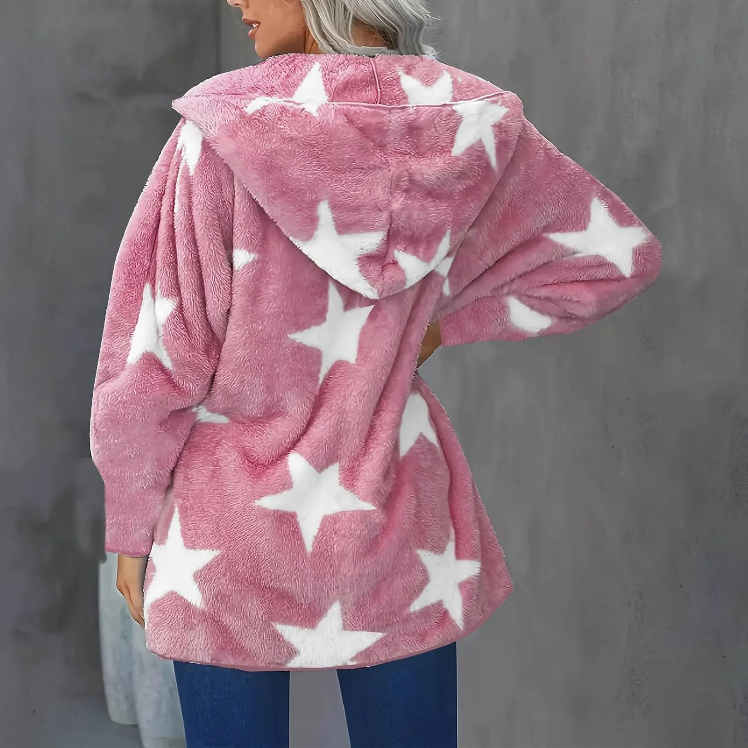 Ruziyoog Women's Fashion Winter Coat Star Print Faux Fur Hoodies Winter Open Front Fleece Jackets Outerwear with Pockets