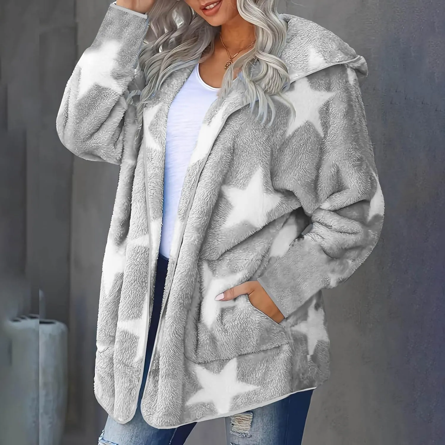 Ruziyoog Women's Fashion Winter Coat Star Print Faux Fur Hoodies Winter Open Front Fleece Jackets Outerwear with Pockets