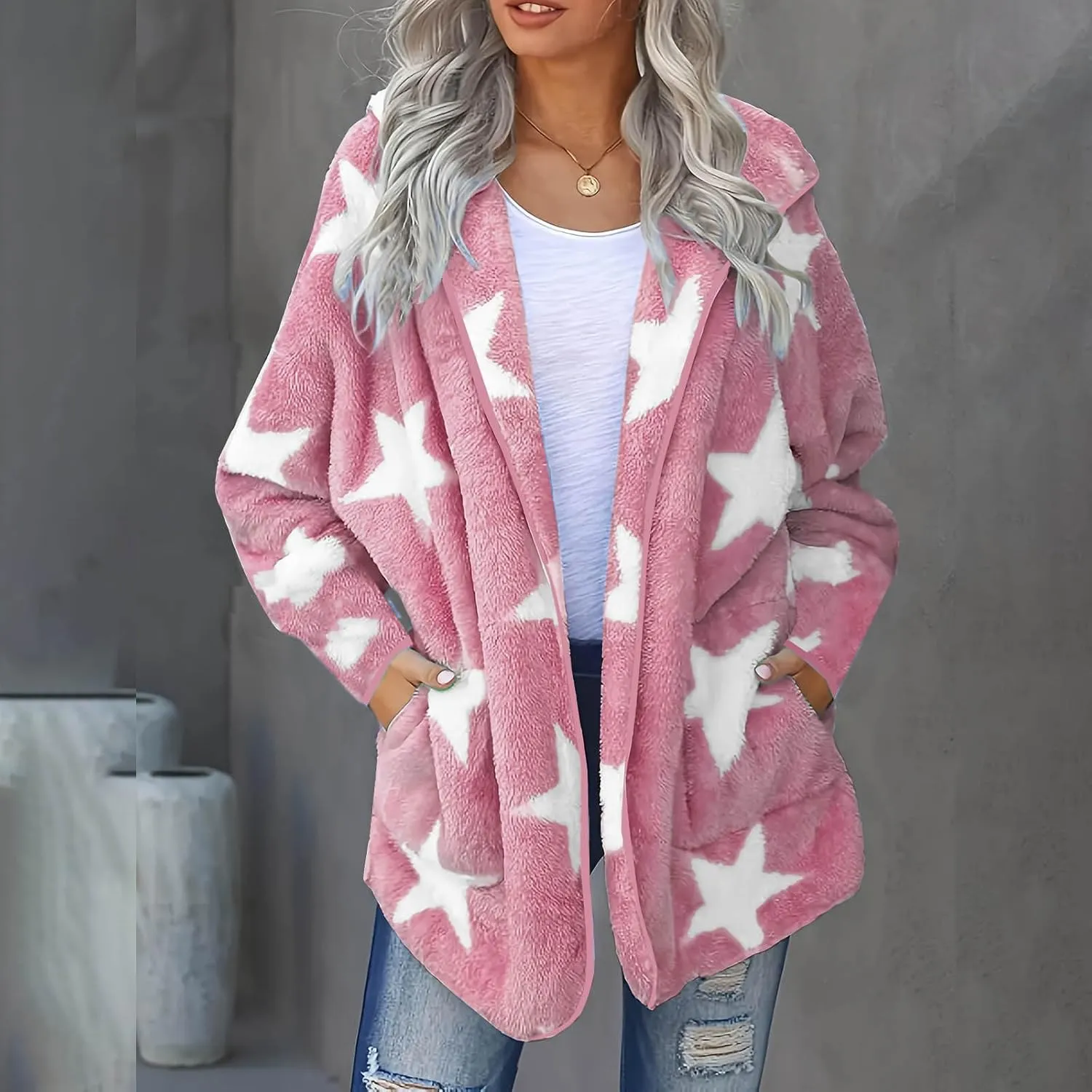 Ruziyoog Women's Fashion Winter Coat Star Print Faux Fur Hoodies Winter Open Front Fleece Jackets Outerwear with Pockets