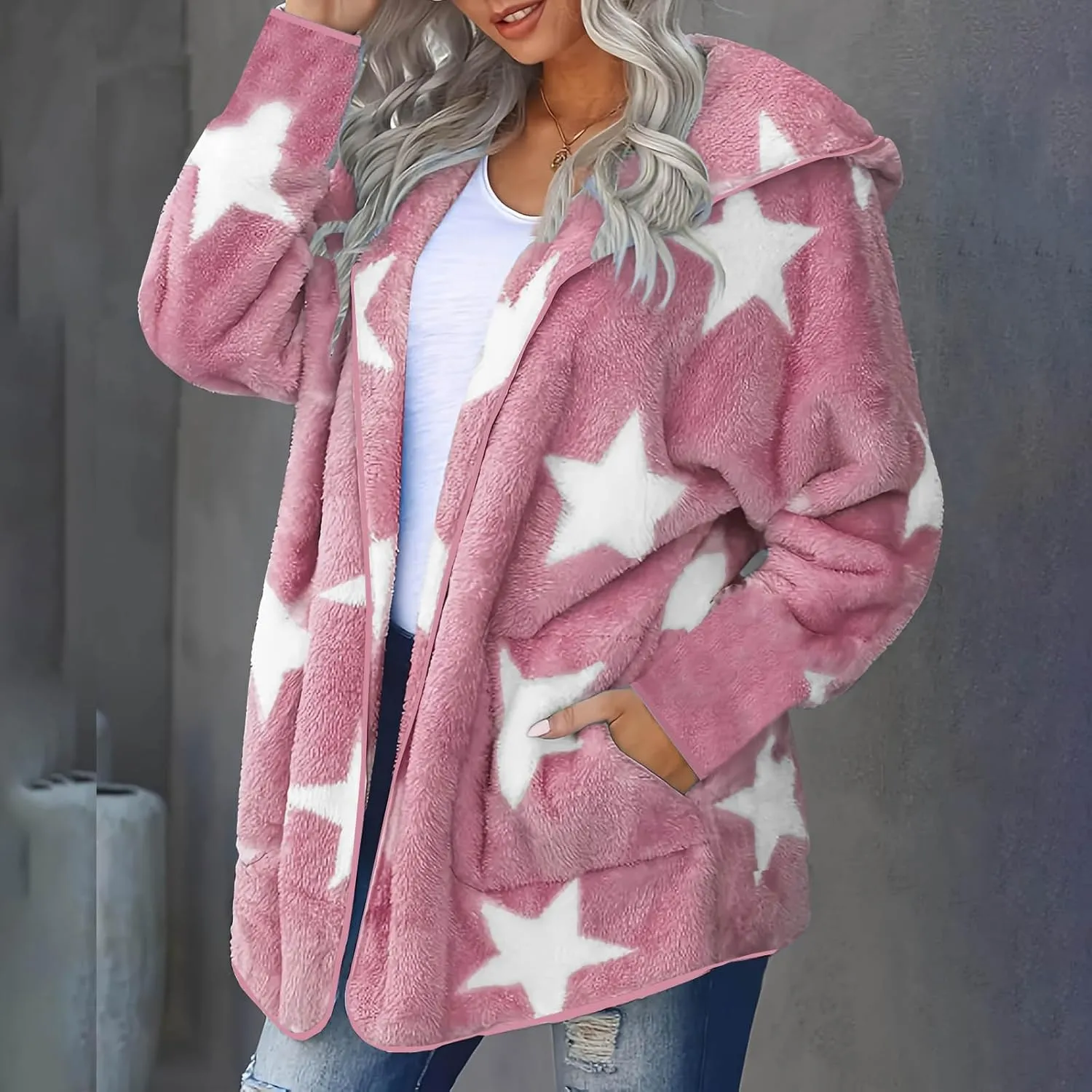 Ruziyoog Women's Fashion Winter Coat Star Print Faux Fur Hoodies Winter Open Front Fleece Jackets Outerwear with Pockets