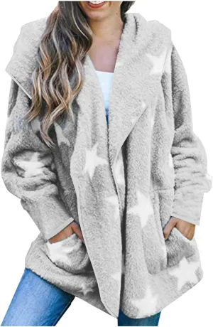 Ruziyoog Women's Fashion Winter Coat Star Print Faux Fur Hoodies Winter Open Front Fleece Jackets Outerwear with Pockets