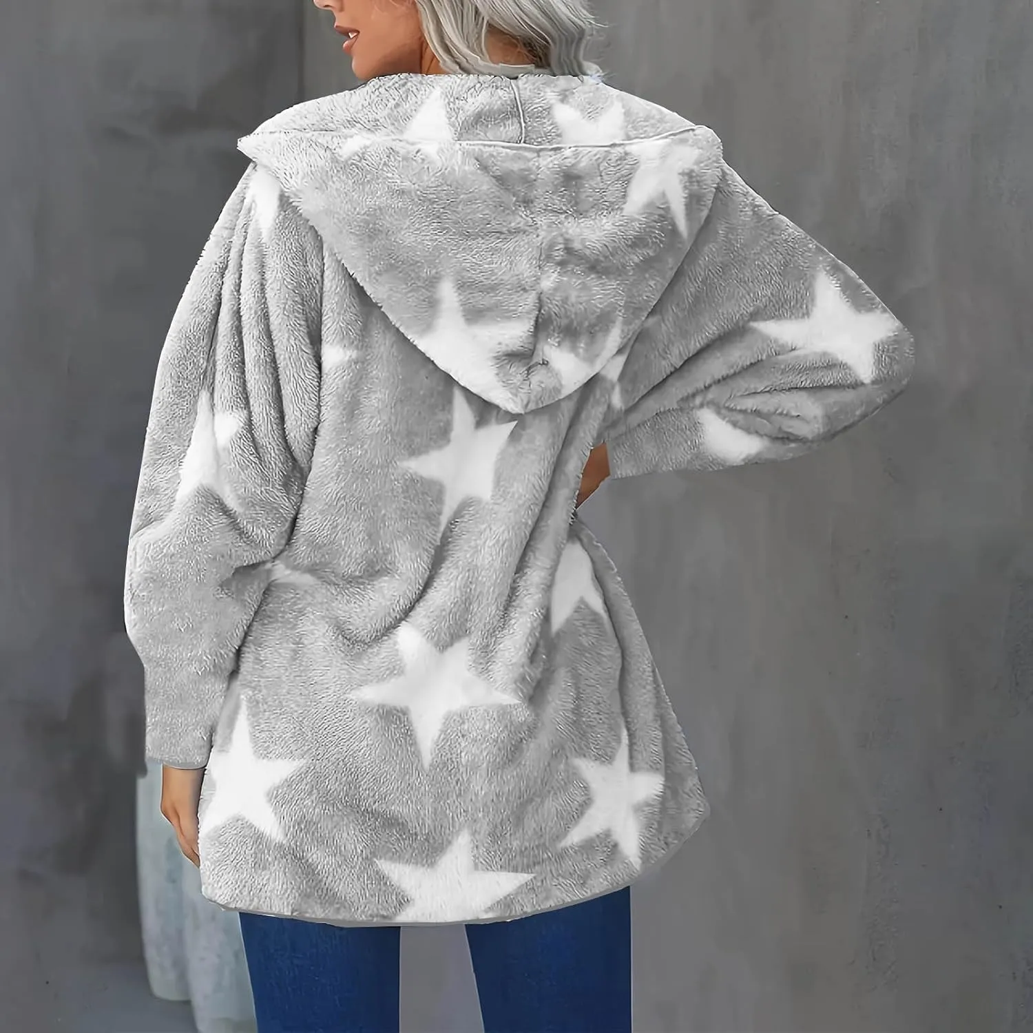 Ruziyoog Women's Fashion Winter Coat Star Print Faux Fur Hoodies Winter Open Front Fleece Jackets Outerwear with Pockets