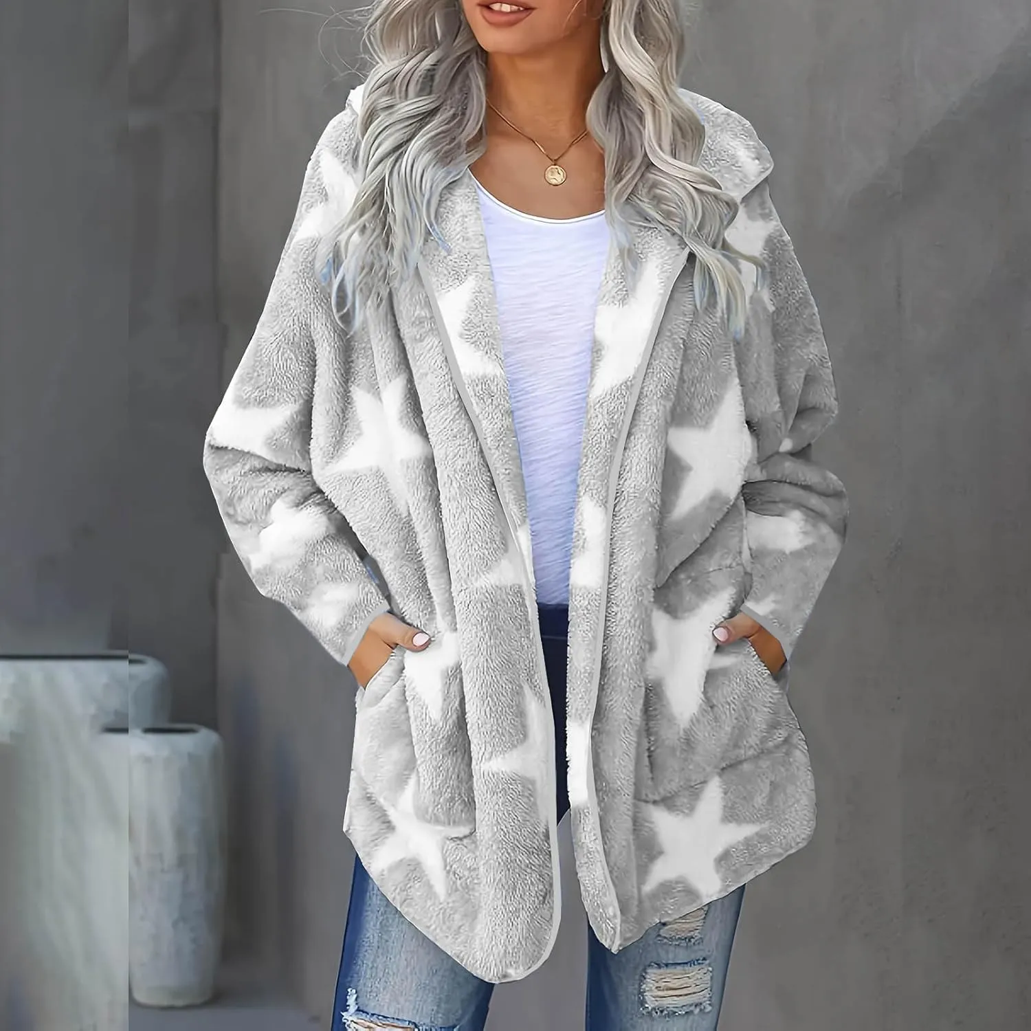 Ruziyoog Women's Fashion Winter Coat Star Print Faux Fur Hoodies Winter Open Front Fleece Jackets Outerwear with Pockets