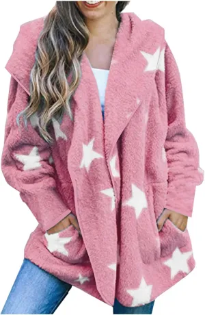 Ruziyoog Women's Fashion Winter Coat Star Print Faux Fur Hoodies Winter Open Front Fleece Jackets Outerwear with Pockets