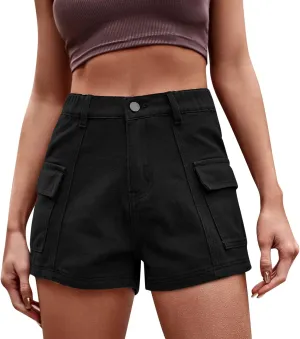 Rvidbe Womens Jean Shorts Juniors Casual Summer Comfy Mid Waisted Stretchy Ripped Denim Shorts with Pockets Black Denim Shorts Jean Shorts for Women Denim High Waisted