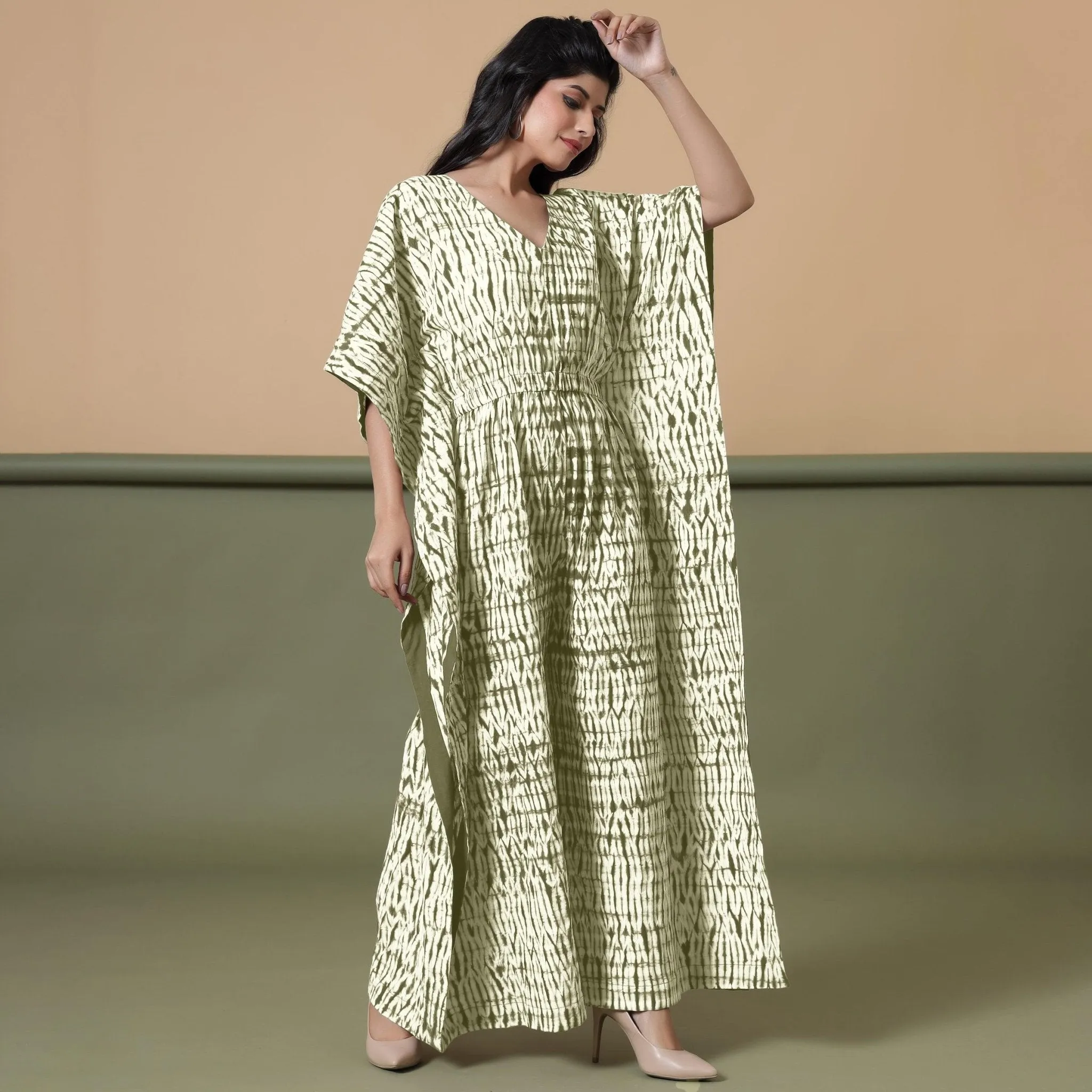 Sage Green Tie-Dye Kimono Sleeves Cotton Kaftan Jumpsuit