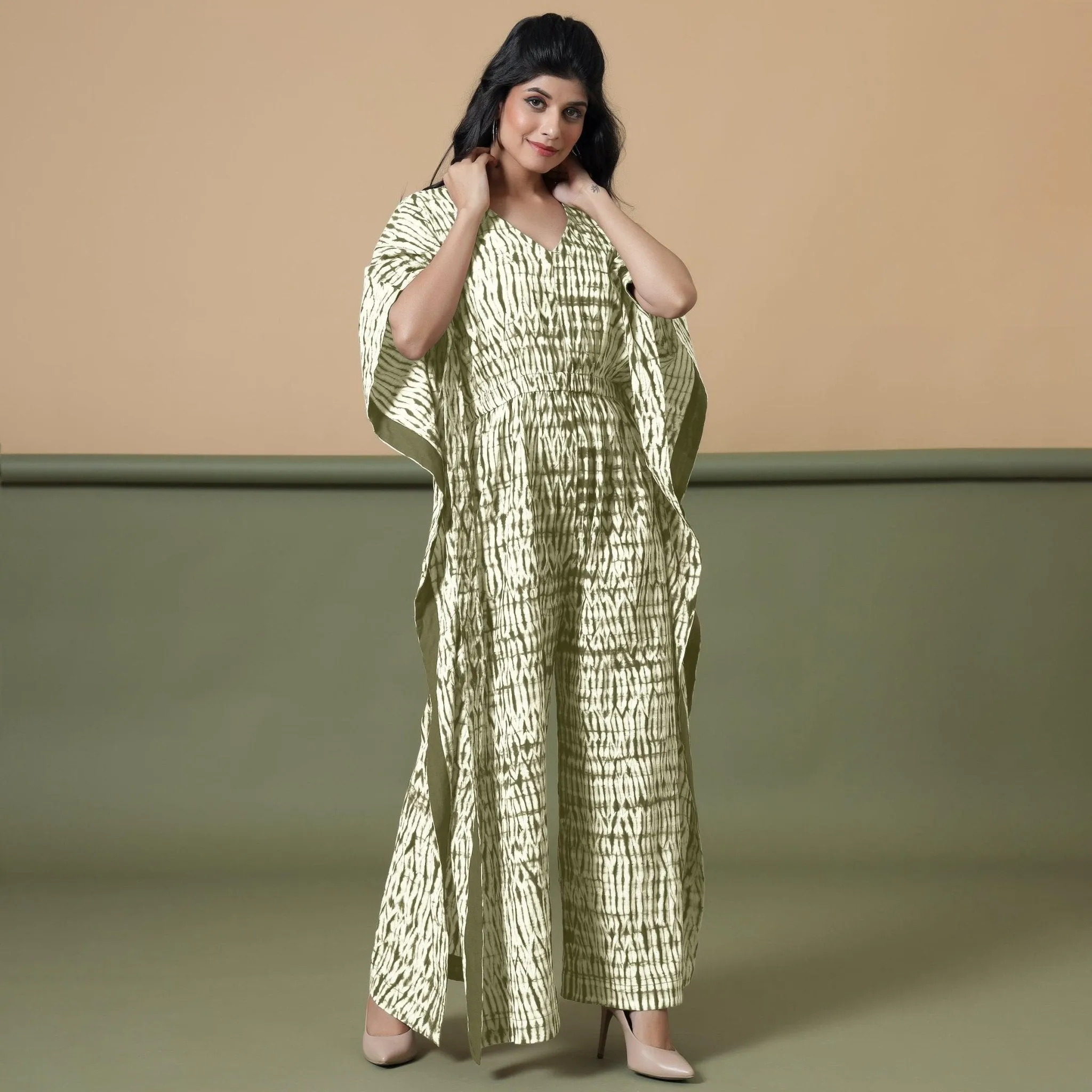 Sage Green Tie-Dye Kimono Sleeves Cotton Kaftan Jumpsuit