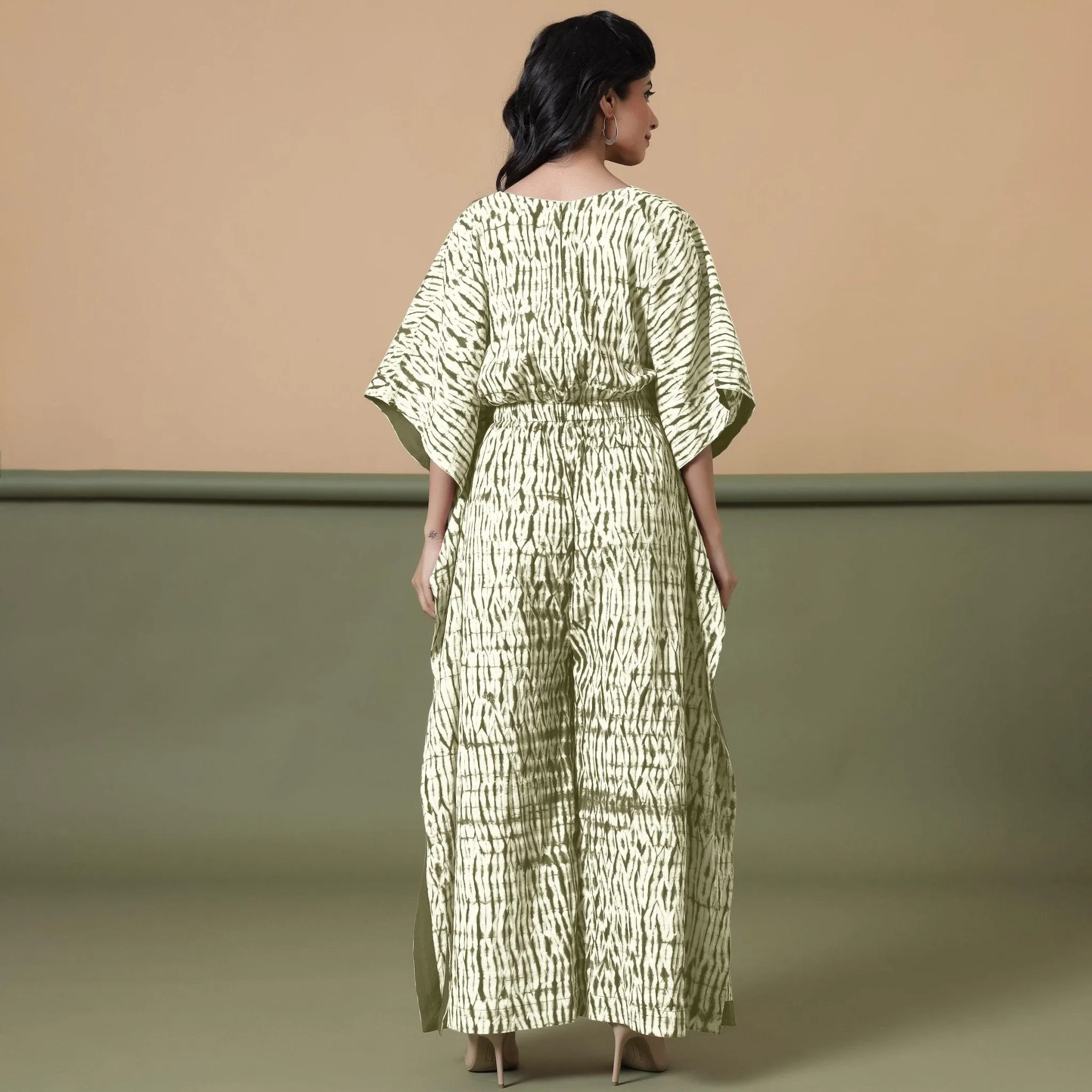 Sage Green Tie-Dye Kimono Sleeves Cotton Kaftan Jumpsuit