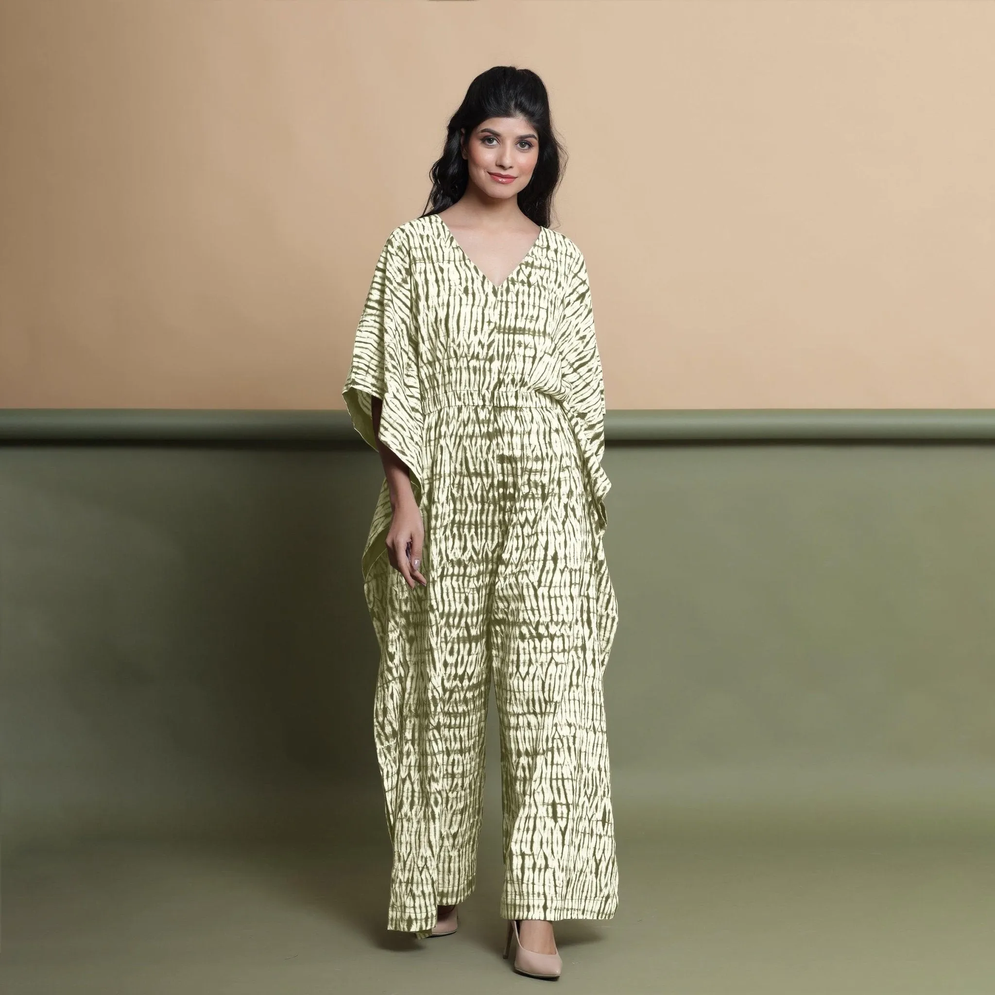 Sage Green Tie-Dye Kimono Sleeves Cotton Kaftan Jumpsuit