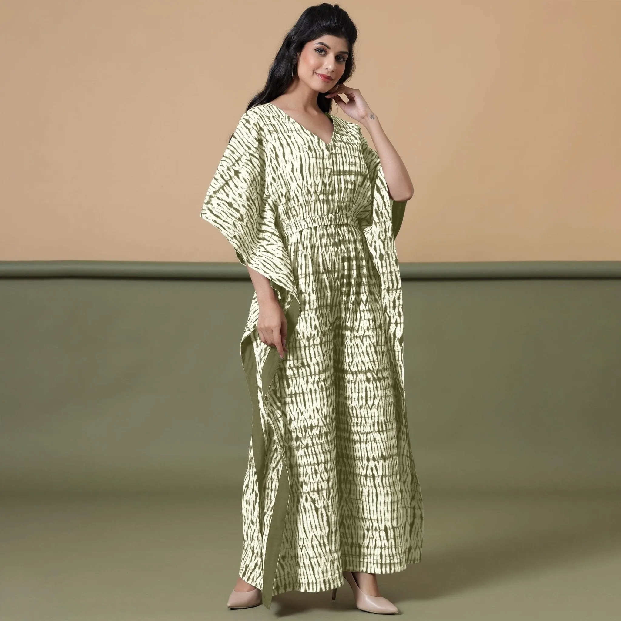 Sage Green Tie-Dye Kimono Sleeves Cotton Kaftan Jumpsuit