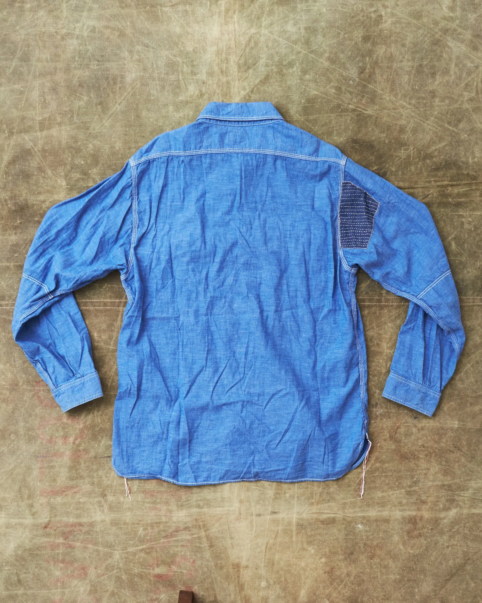 Second Hand Sugar Cane & Co. Vat Dye Chambray Work Shirt Sashiko Repaired Size XL