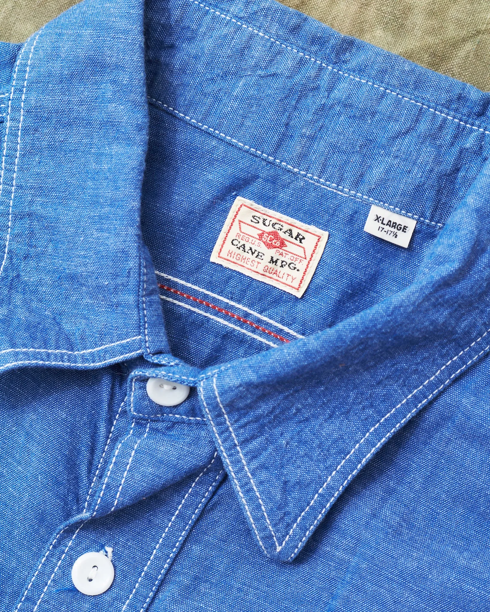 Second Hand Sugar Cane & Co. Vat Dye Chambray Work Shirt Sashiko Repaired Size XL