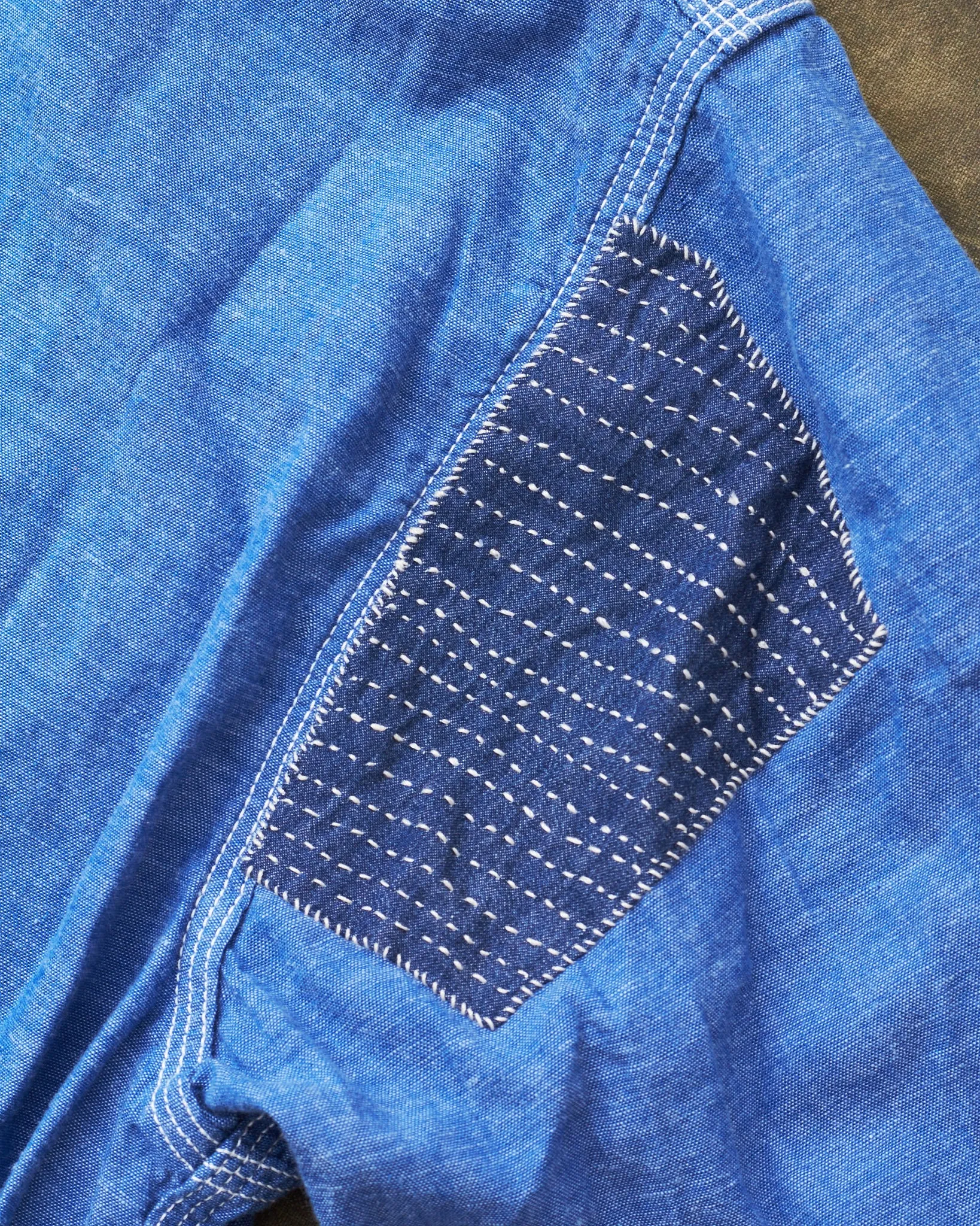 Second Hand Sugar Cane & Co. Vat Dye Chambray Work Shirt Sashiko Repaired Size XL