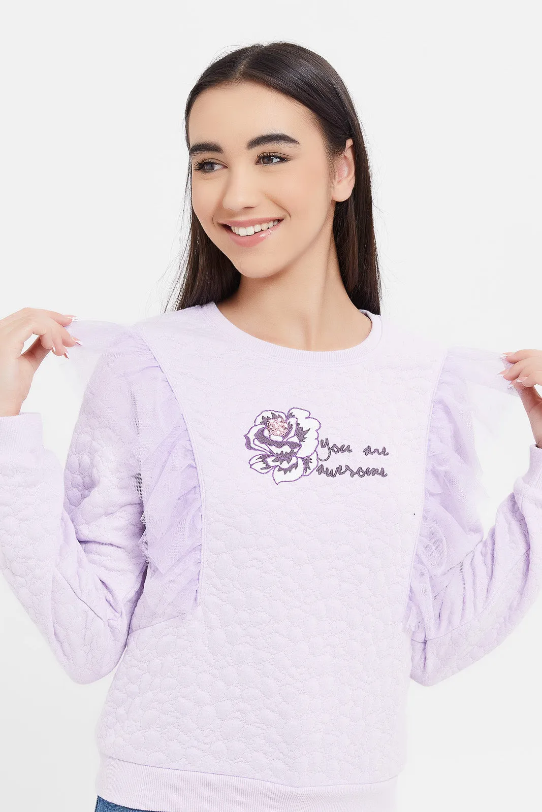Senior Girls Purple Jacquard Embroidered Sweatshirt