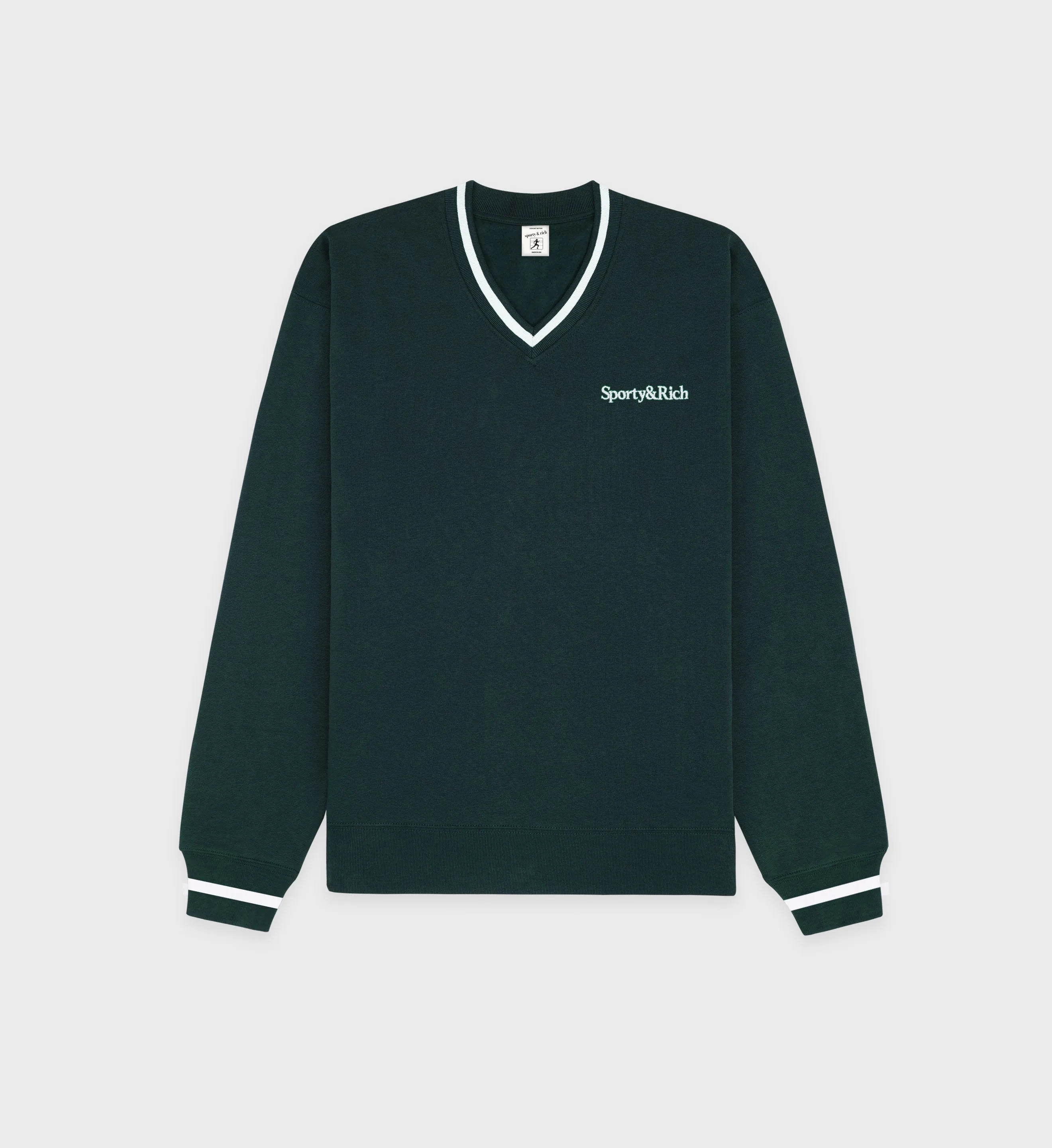 Serif Logo Embroidered V-Neck - Forest/White