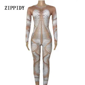 Sexy White Nude 3D Pattern Jumpsuit Sexy Nightclub Bar Wear AB Rhinestones Jumpsuit Costume Prom Birthday Celebrate Outfit