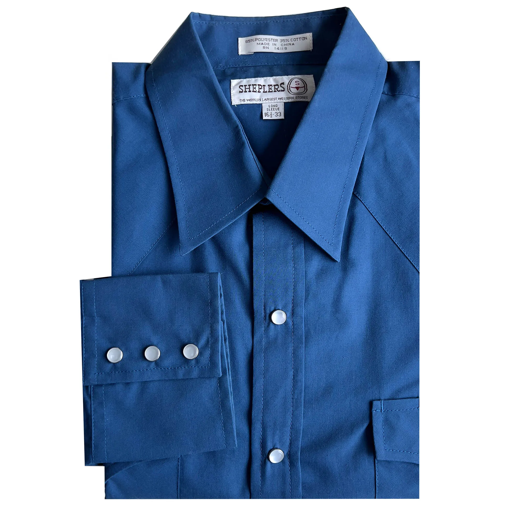Sheplers Blue Cotton Blend Western Shirt, 16.5/33 - Pearl Snaps, Flap Pockets