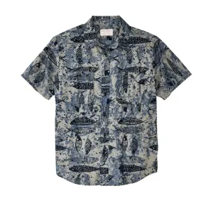 Short Sleeve Chambray Shirt (Blue Ink Fish Print)