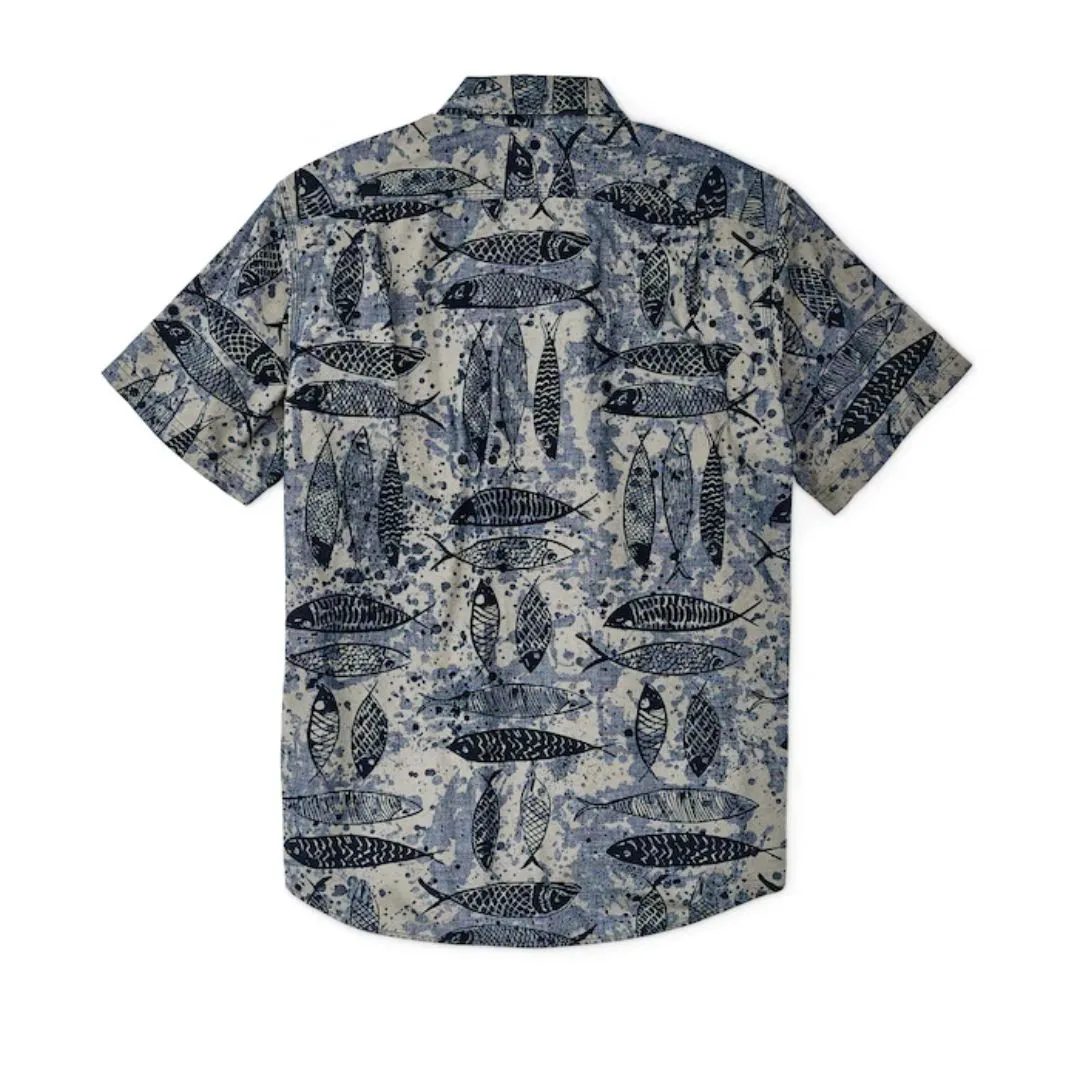 Short Sleeve Chambray Shirt (Blue Ink Fish Print)