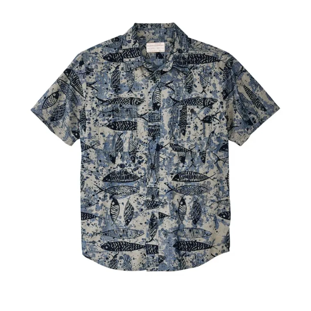 Short Sleeve Chambray Shirt (Blue Ink Fish Print)