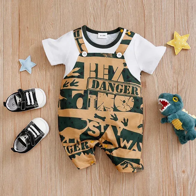 Short Sleeve Dinosaur Print Cotton Jumpsuits