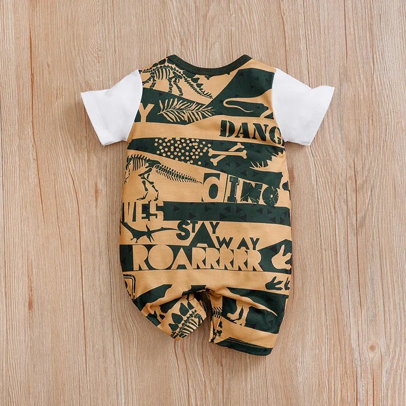 Short Sleeve Dinosaur Print Cotton Jumpsuits