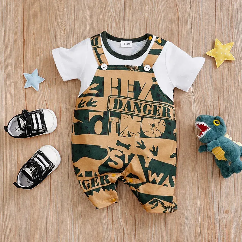 Short Sleeve Dinosaur Print Cotton Jumpsuits