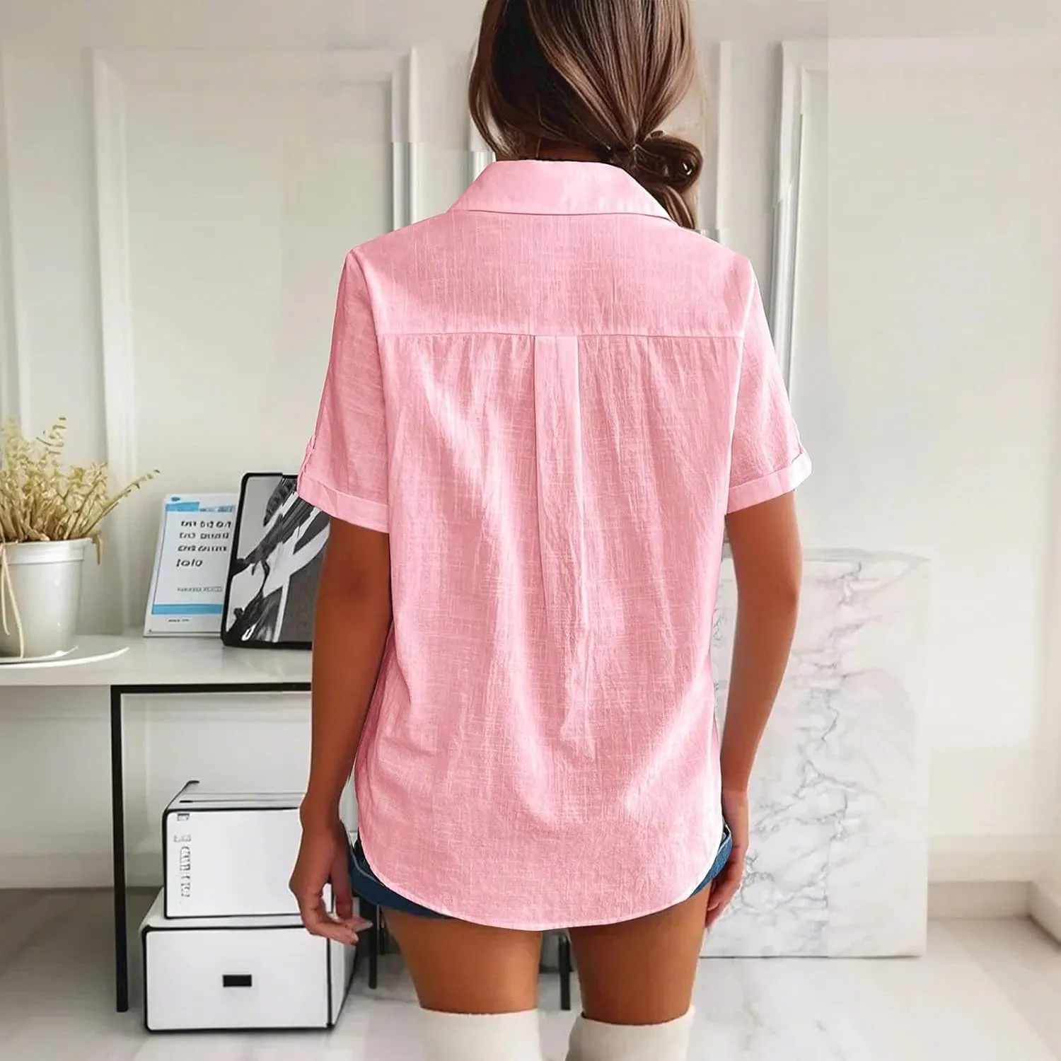 Short Sleeve Shirts for Women V Neck Button Down Linen Shirts 2025 Trendy Summer Casual Beach Flowy Boho Blouses Tops