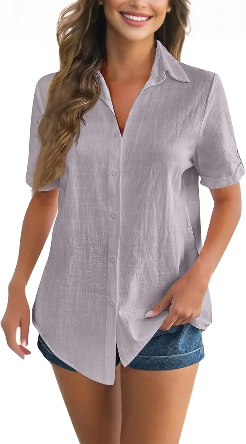 Short Sleeve Shirts for Women V Neck Button Down Linen Shirts 2025 Trendy Summer Casual Beach Flowy Boho Blouses Tops