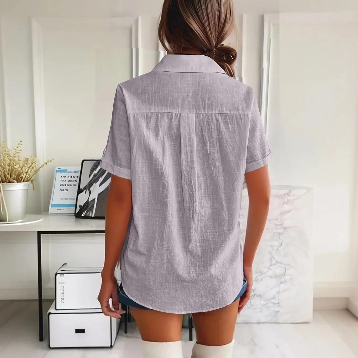Short Sleeve Shirts for Women V Neck Button Down Linen Shirts 2025 Trendy Summer Casual Beach Flowy Boho Blouses Tops