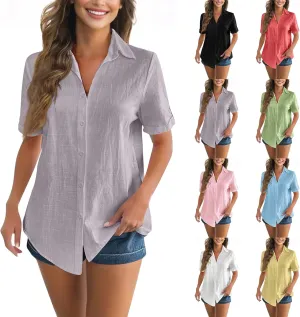 Short Sleeve Shirts for Women V Neck Button Down Linen Shirts 2025 Trendy Summer Casual Beach Flowy Boho Blouses Tops