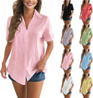 Short Sleeve Shirts for Women V Neck Button Down Linen Shirts 2025 Trendy Summer Casual Beach Flowy Boho Blouses Tops
