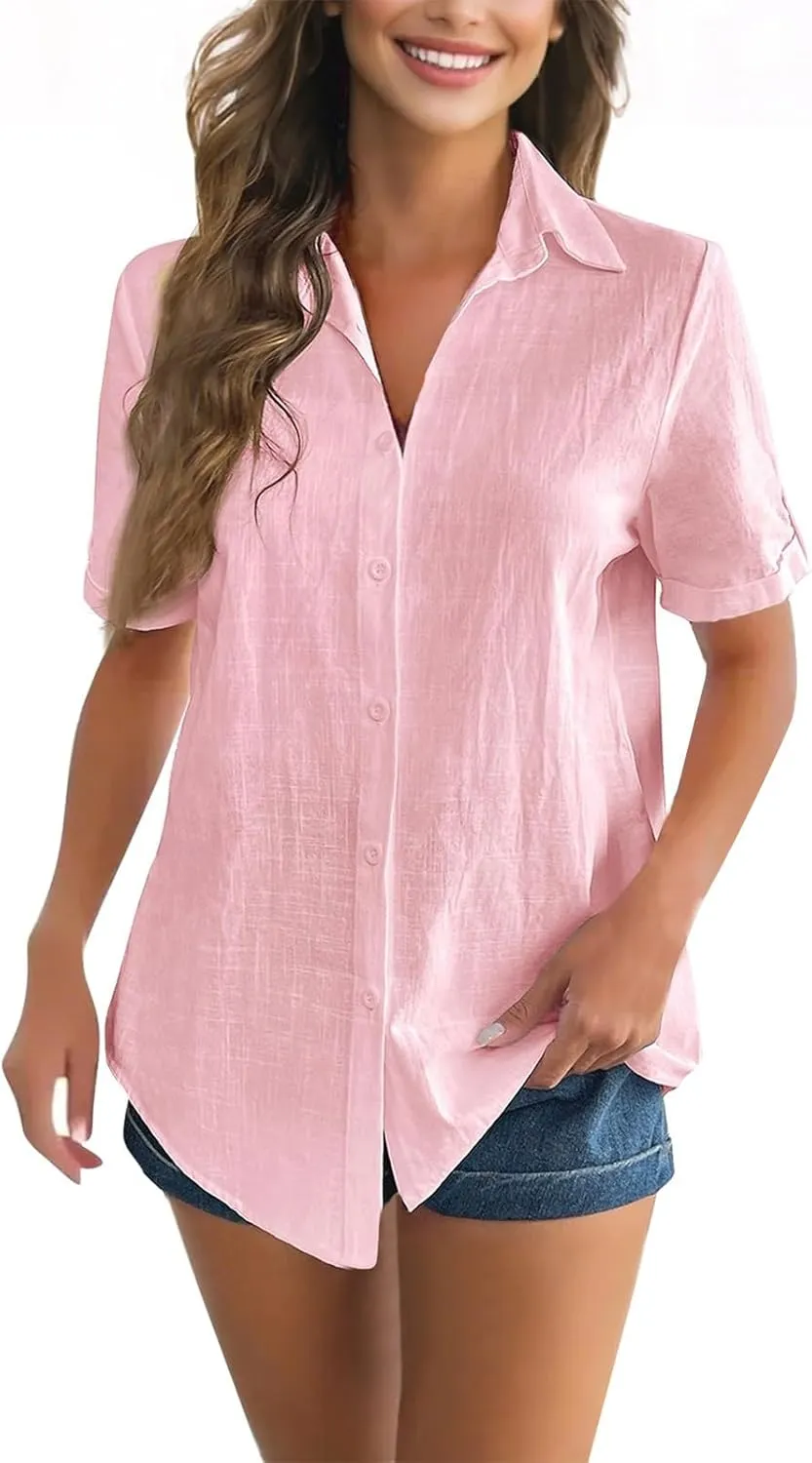 Short Sleeve Shirts for Women V Neck Button Down Linen Shirts 2025 Trendy Summer Casual Beach Flowy Boho Blouses Tops