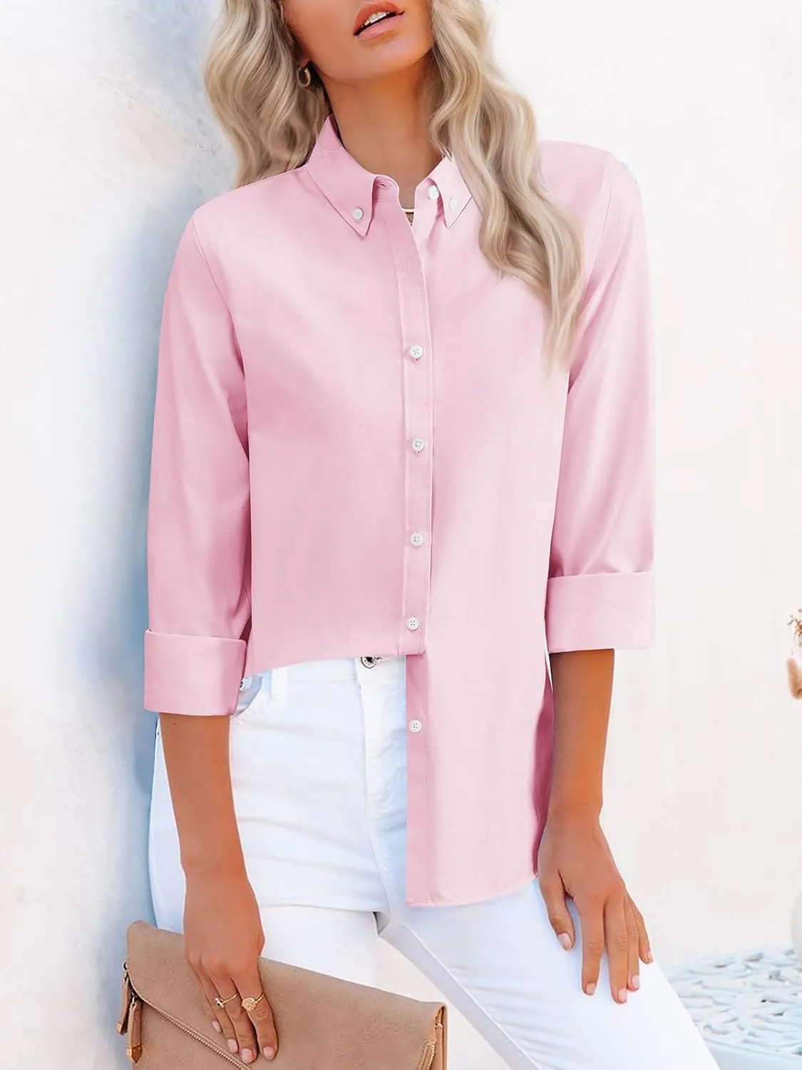 siliteelon Fitted Button Down Shirts for Women Oxford Shirt Cotton Dress Shirts Collared Long Sleeve Wrinkle Free Blouse Tops