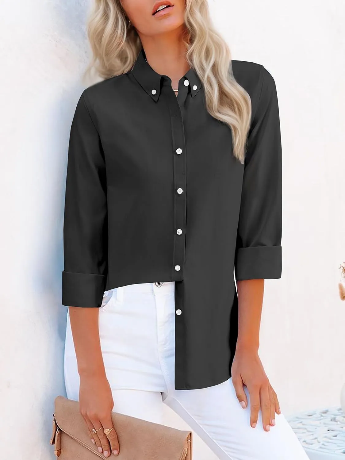siliteelon Fitted Button Down Shirts for Women Oxford Shirt Cotton Dress Shirts Collared Long Sleeve Wrinkle Free Blouse Tops