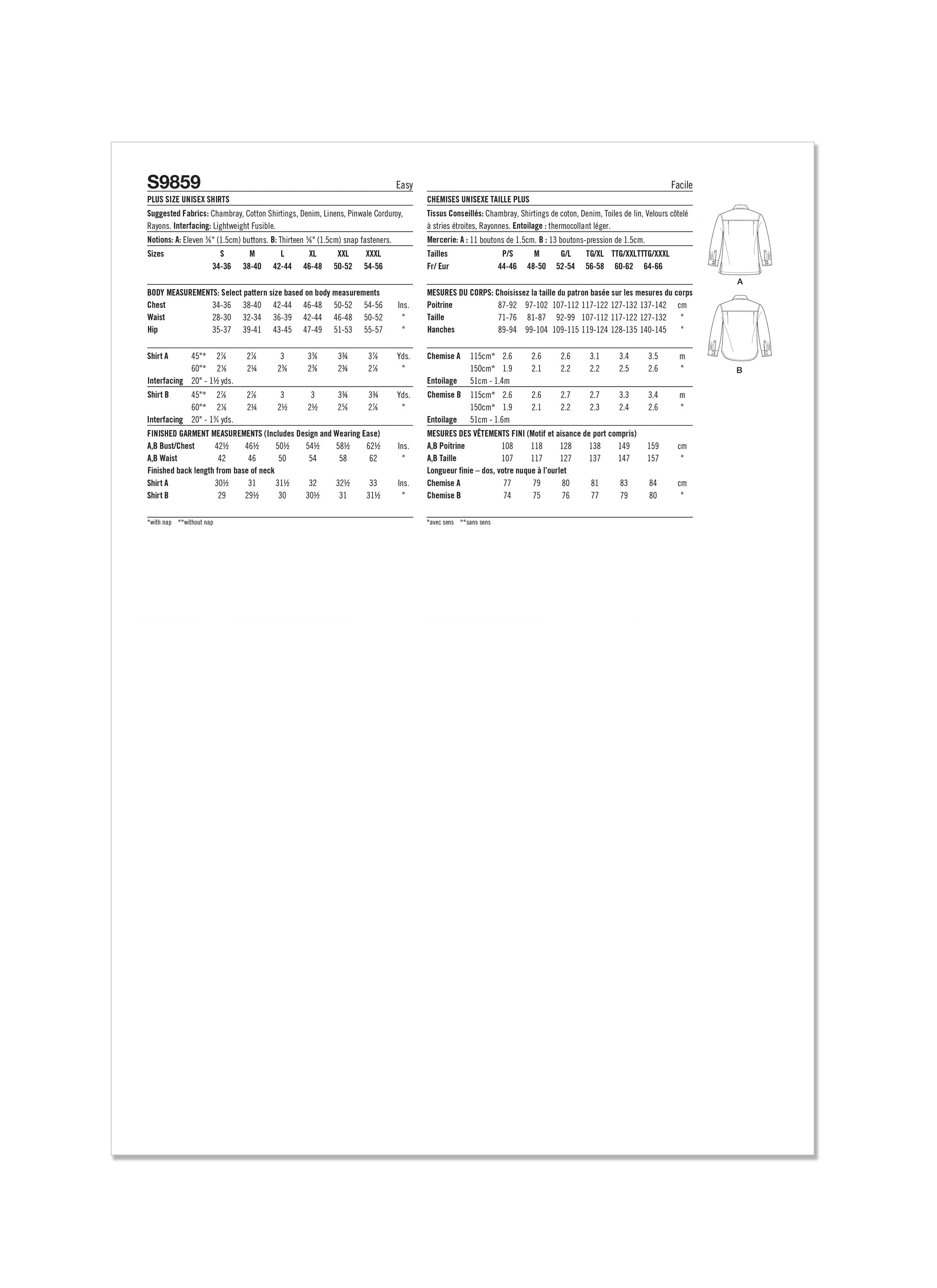 Simplicity Sewing Pattern 9859 Plus Size Unisex Shirts